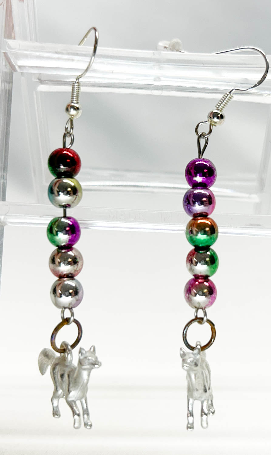 Fox Earrings by Copperfox with rainbow metallic beads