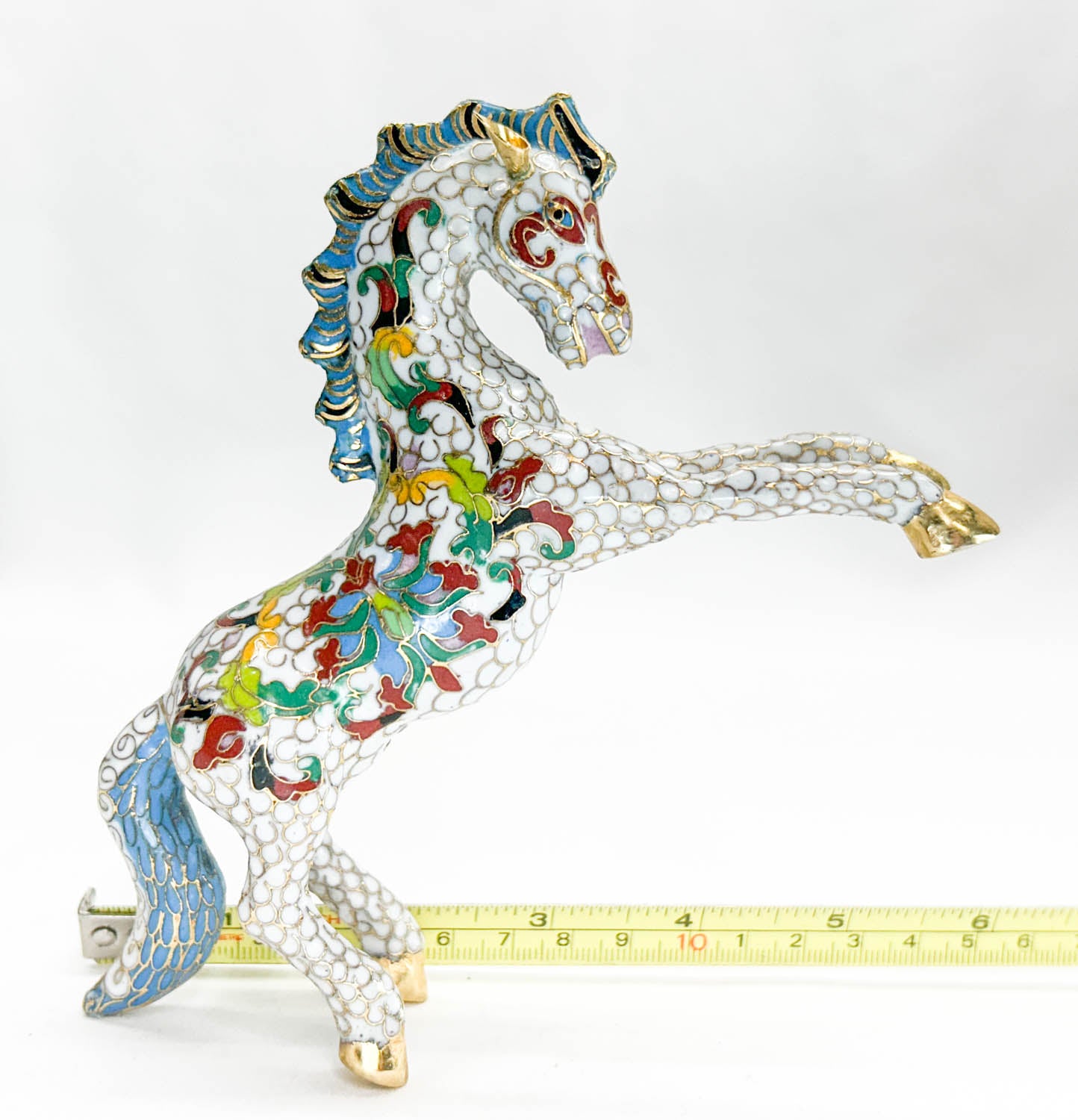 Chinese Cloisonne Horse, Rearing White with Floral Pattern