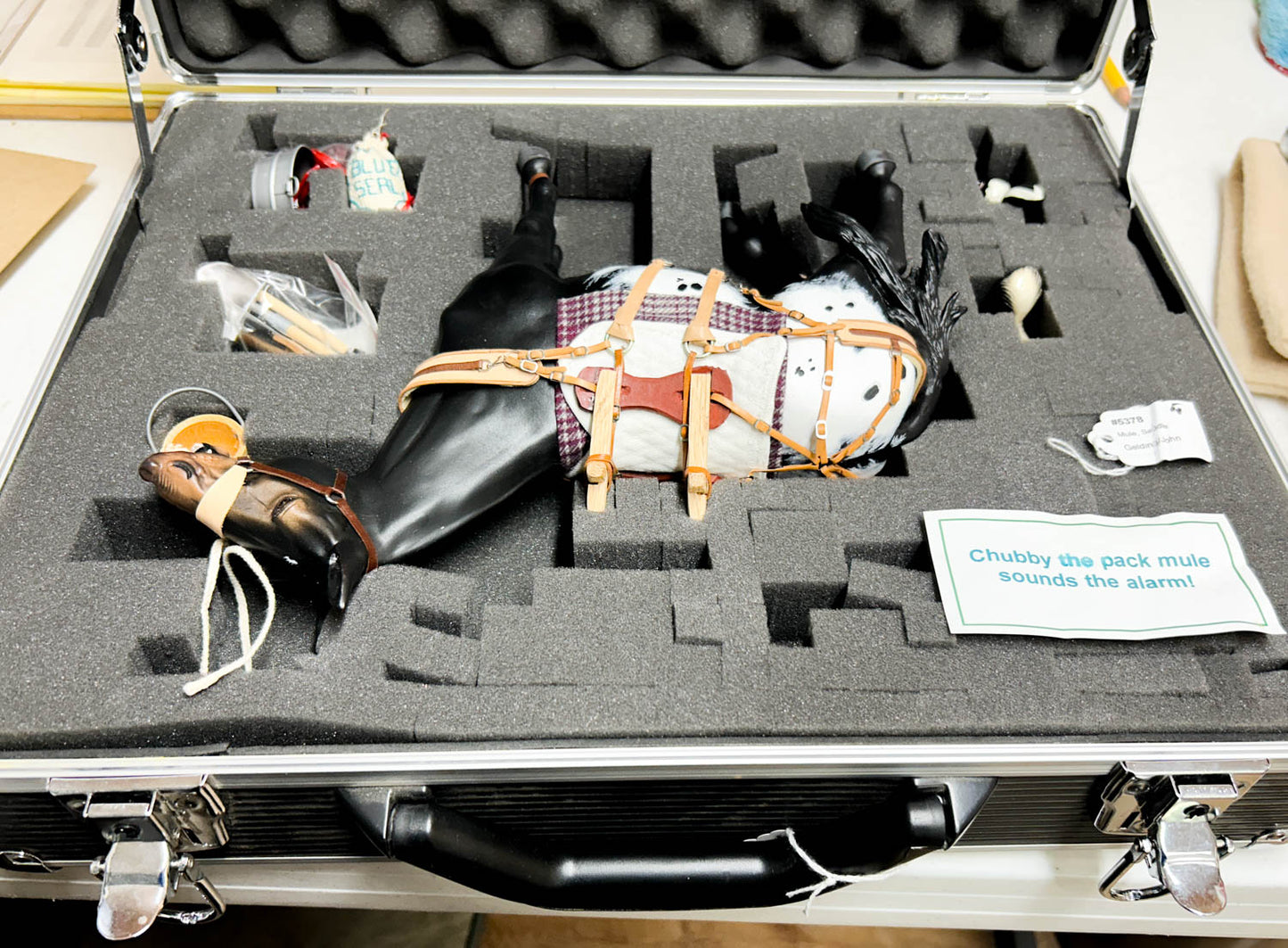 CHRISTMAS AUCTION: Traditional Carrot Top Artist Resin Mule with tack, Show Diorama Props, and Case!