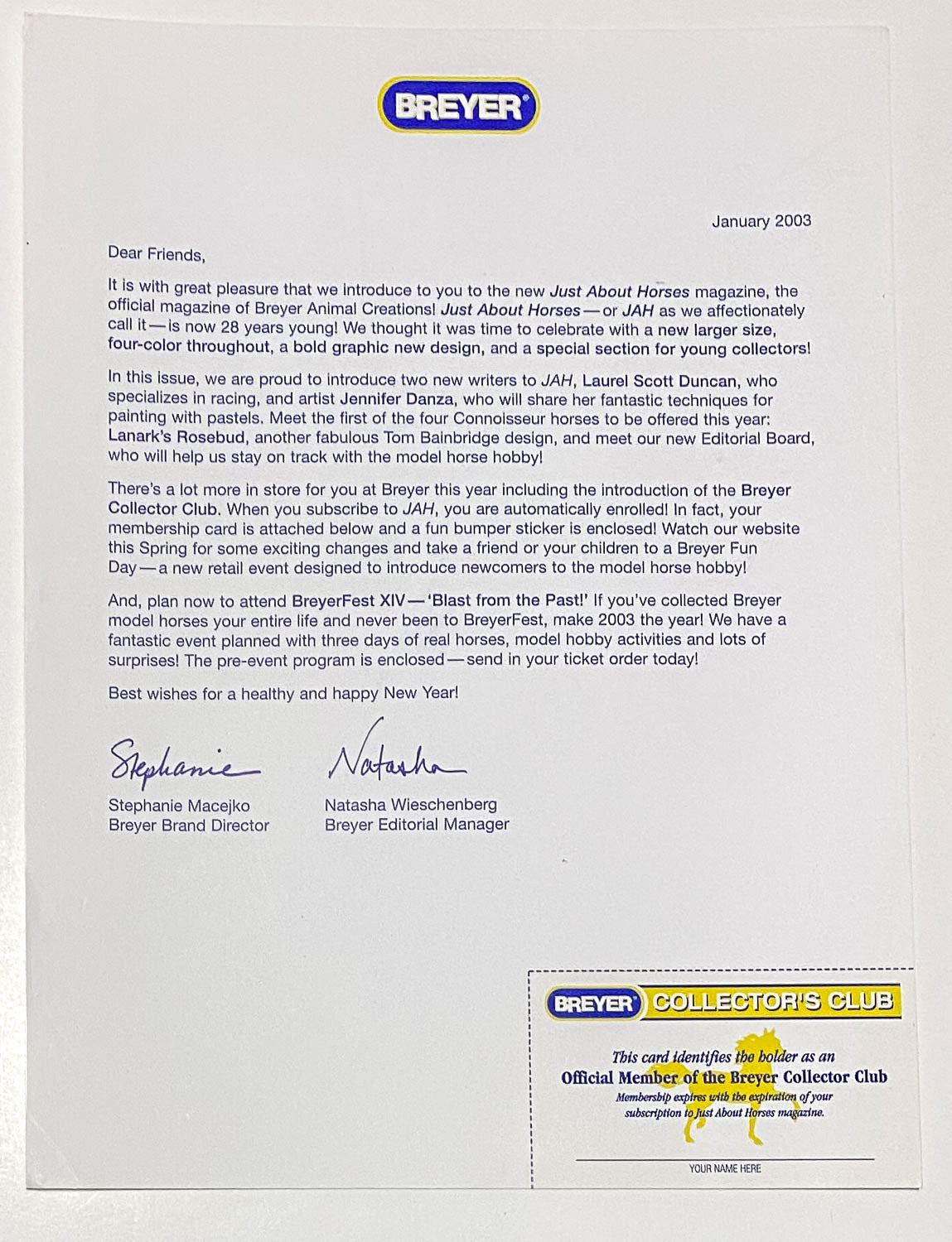 AUCTION: Collectors Club Card and Welcome Letter, 2003 (sale for charity)