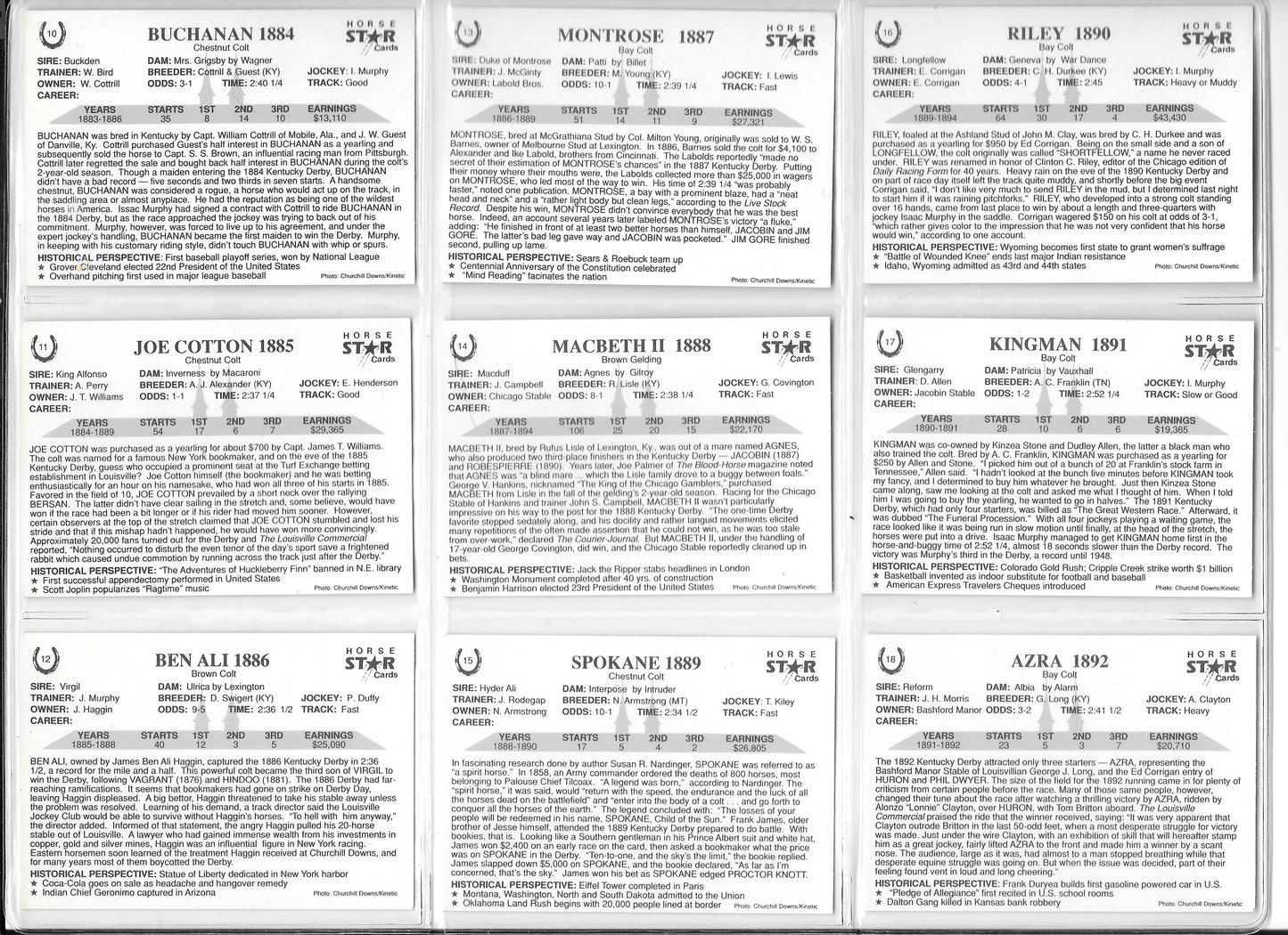 Kentucky Derby Trading Cards - Years 1884-1892