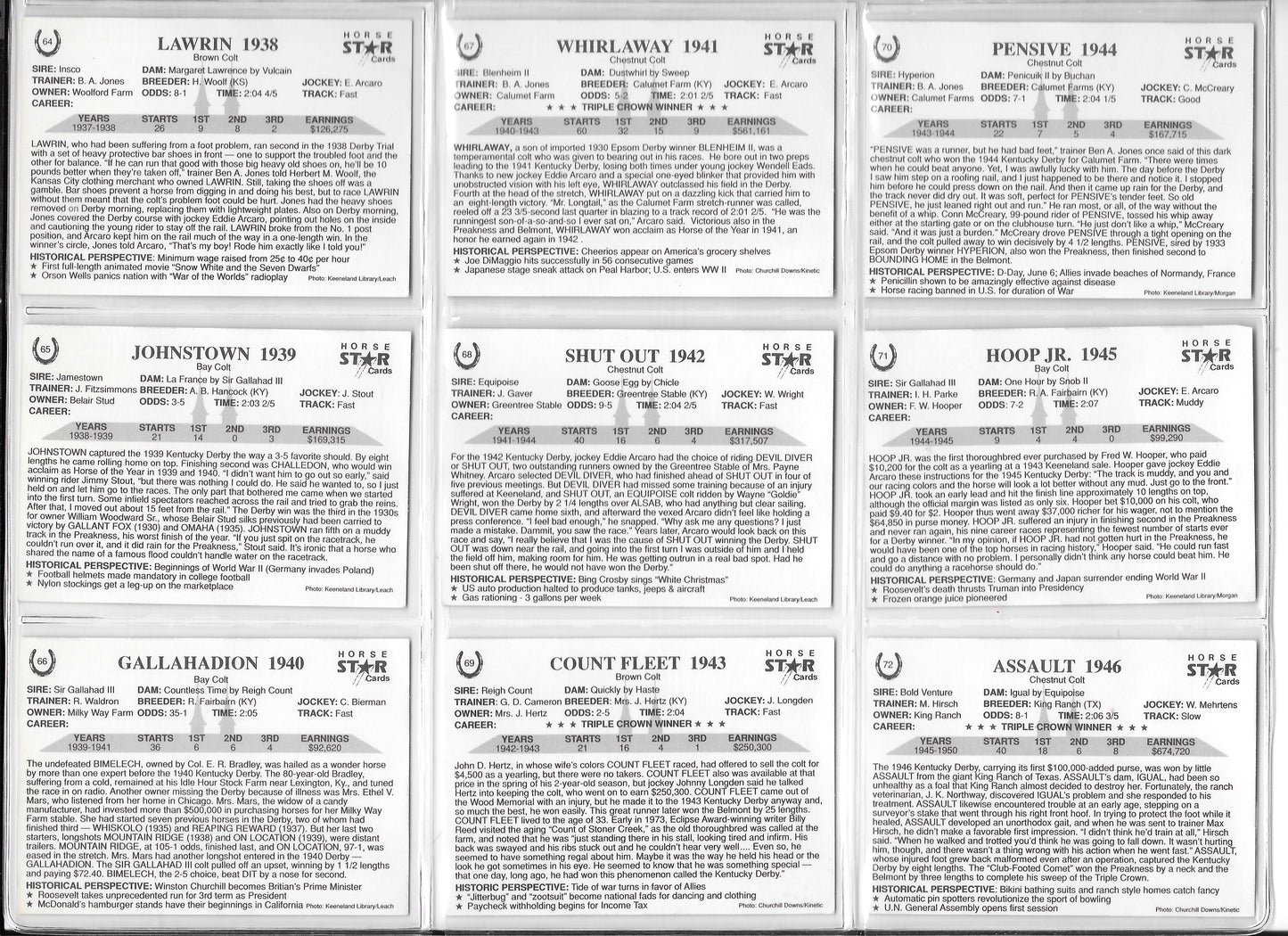 Kentucky Derby Trading Cards - Years 1938-1946