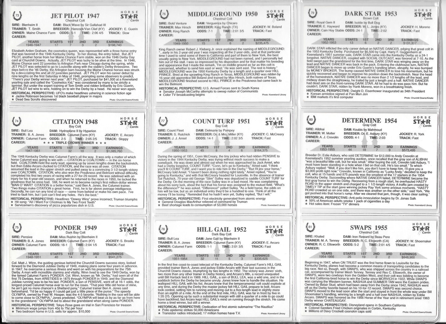 Kentucky Derby Trading Cards - Years 1947-1955