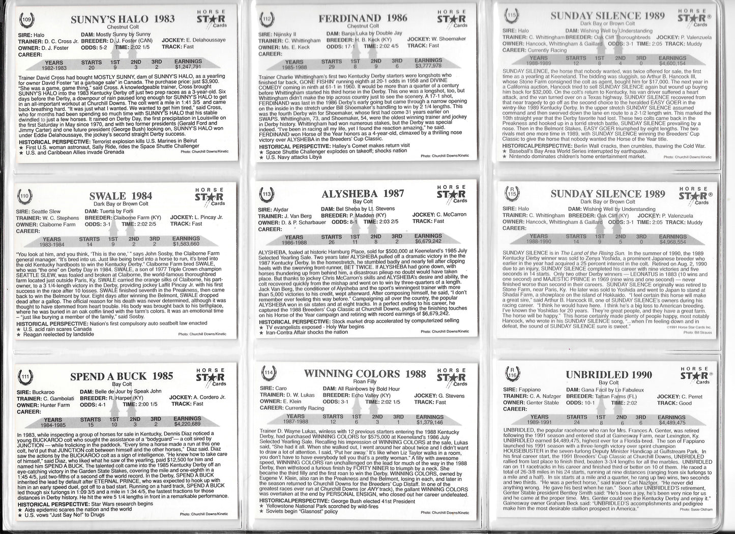 Kentucky Derby Trading Cards - Years 1983-1991 +Derby Festival