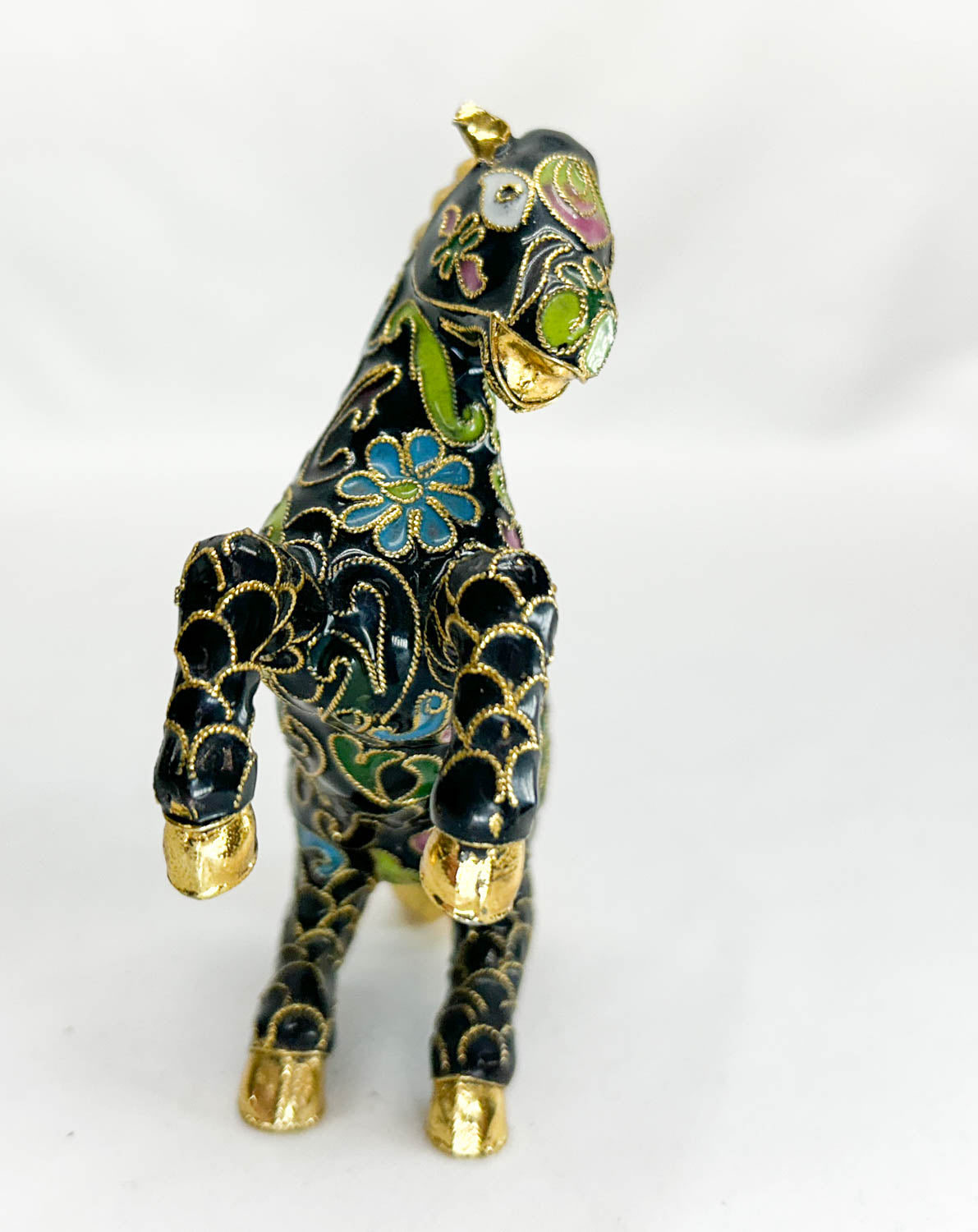 Chinese Cloisonne Horse, Rearing Black with Floral Design