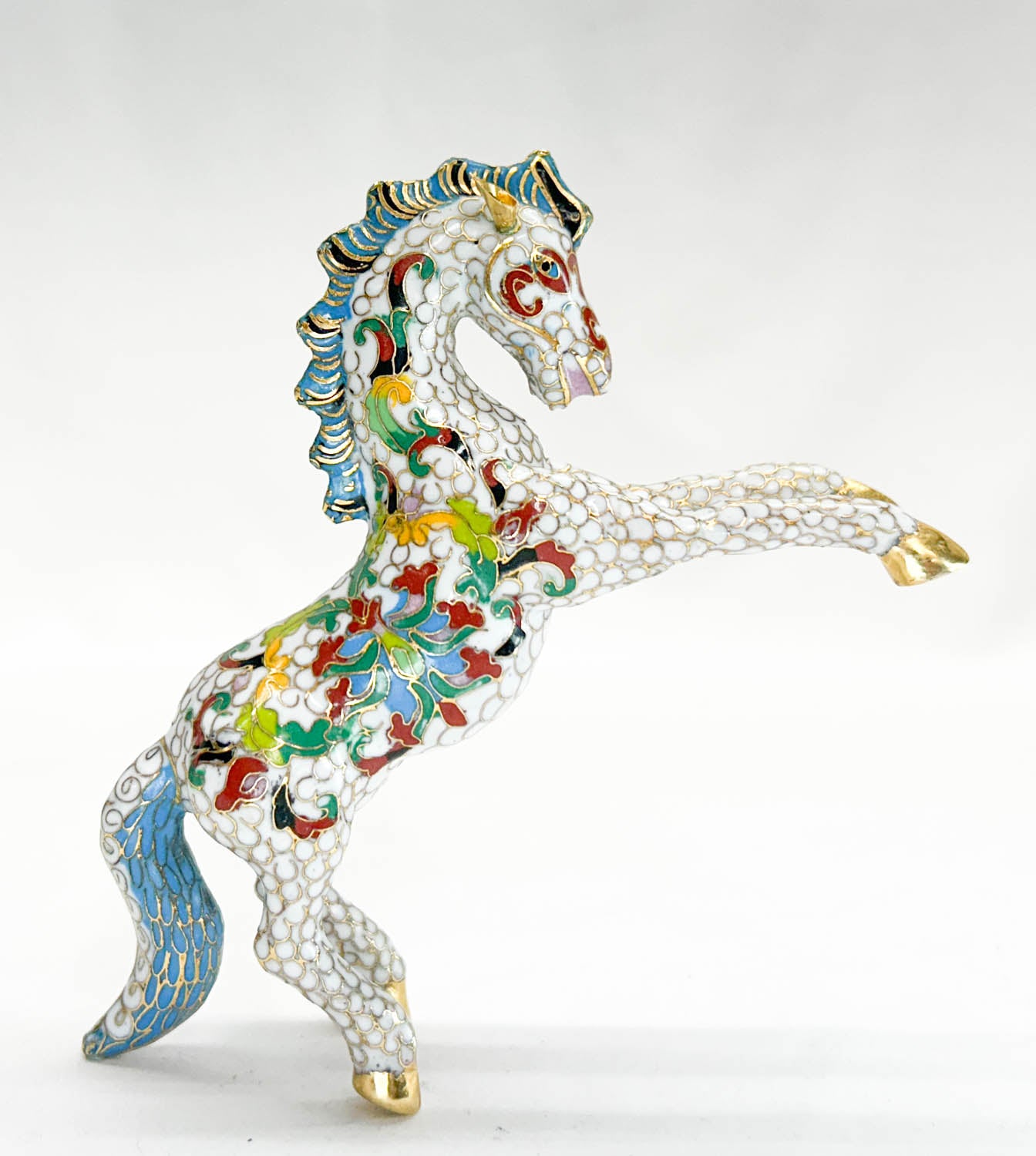 Chinese Cloisonne Horse, Rearing White with Floral Pattern