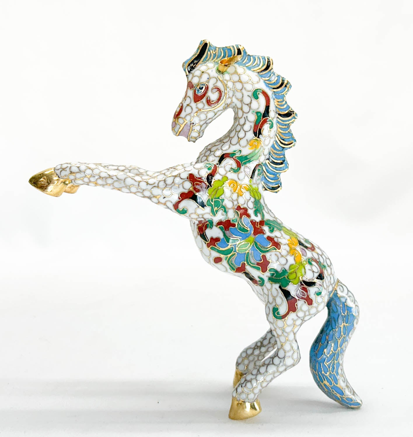 Chinese Cloisonne Horse, Rearing White with Floral Pattern