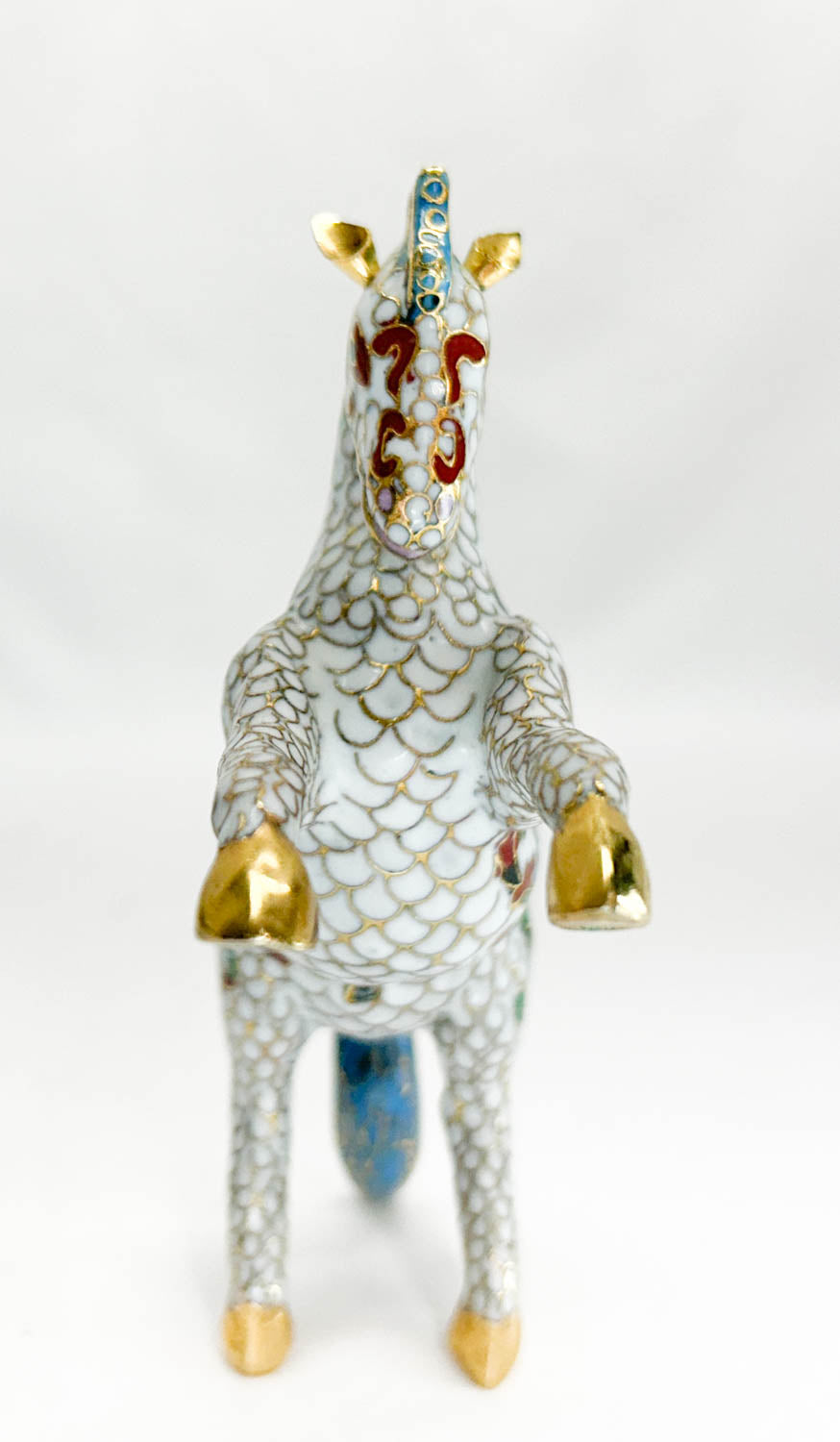 Chinese Cloisonne Horse, Rearing White with Floral Pattern
