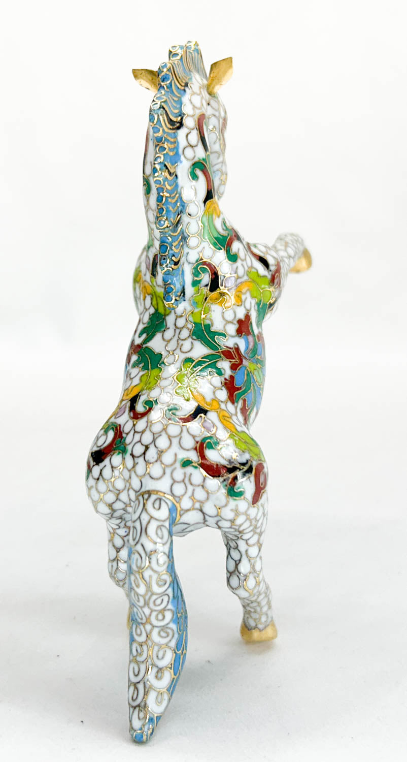 Chinese Cloisonne Horse, Rearing White with Floral Pattern
