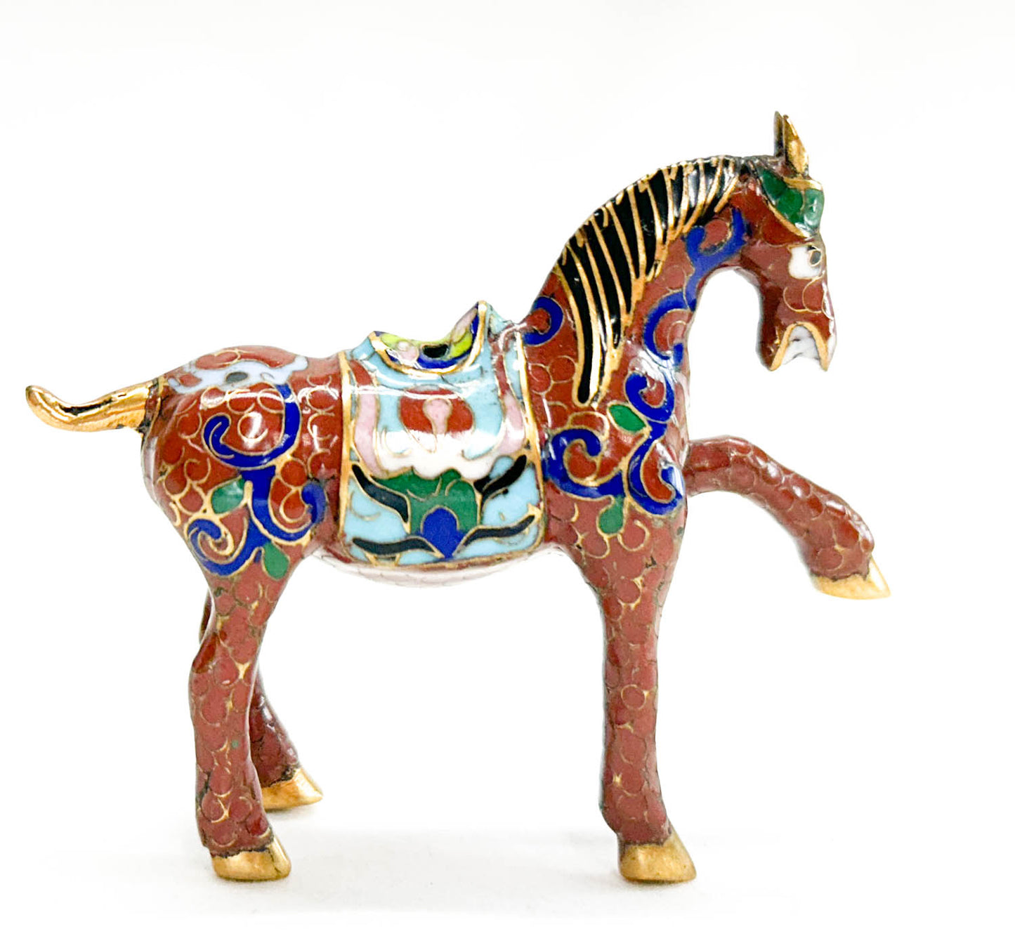 Chinese Cloisonne Horse, Prancing Red with Saddle