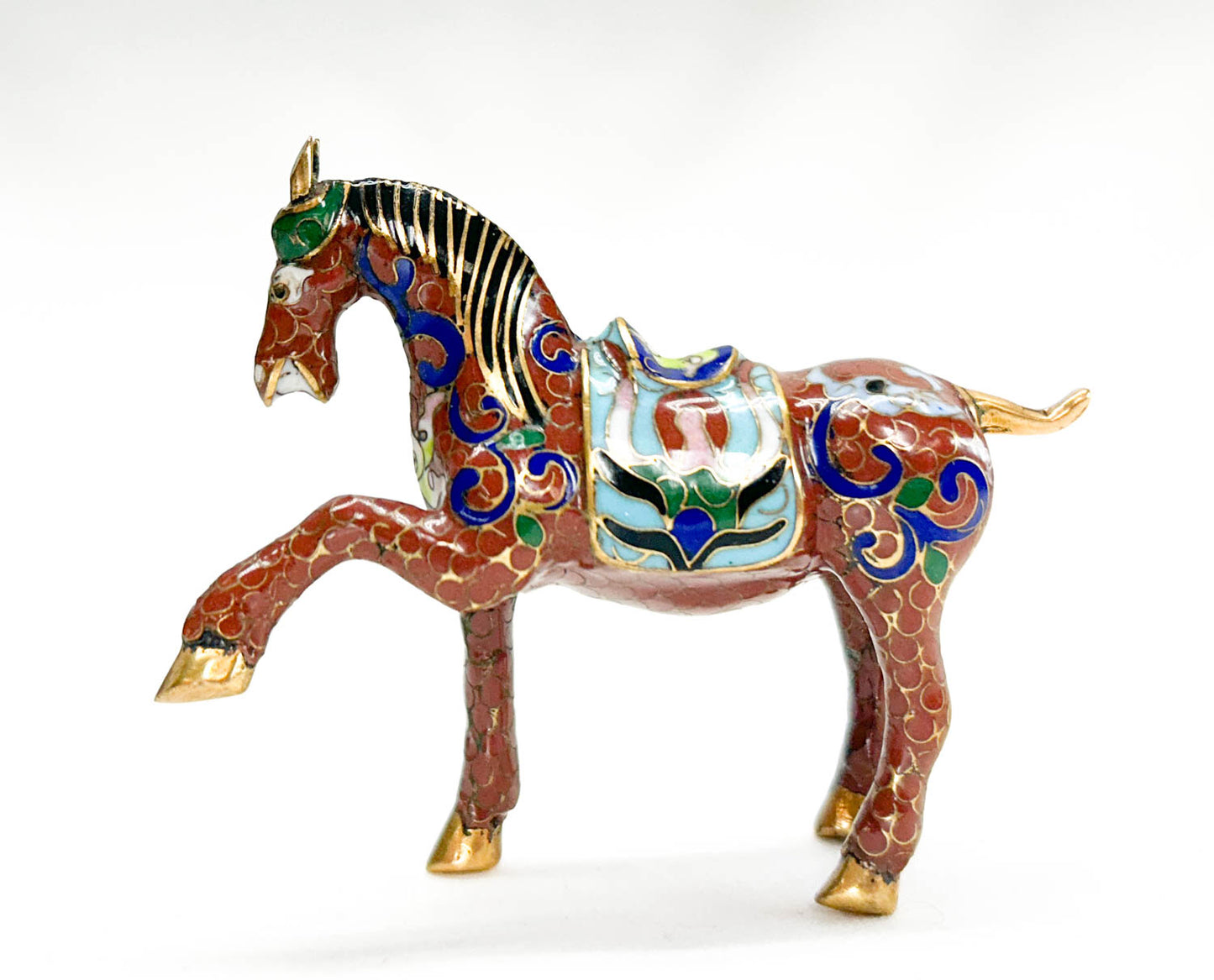 Chinese Cloisonne Horse, Prancing Red with Saddle