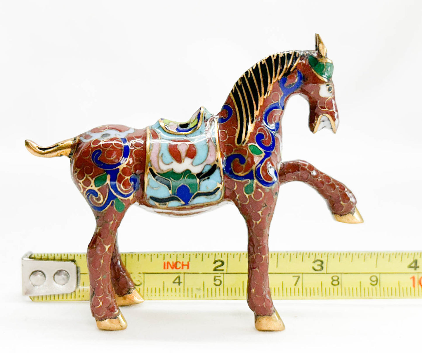 Chinese Cloisonne Horse, Prancing Red with Saddle