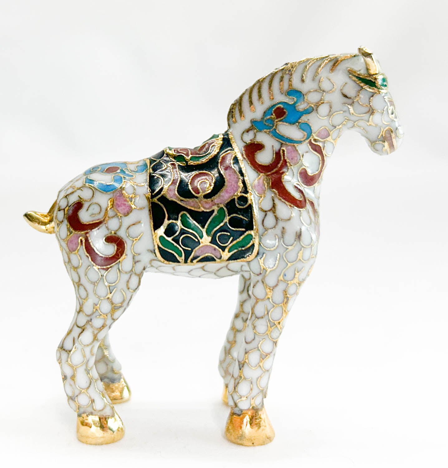 Chinese Cloisonne Horse, Standing White with Saddle