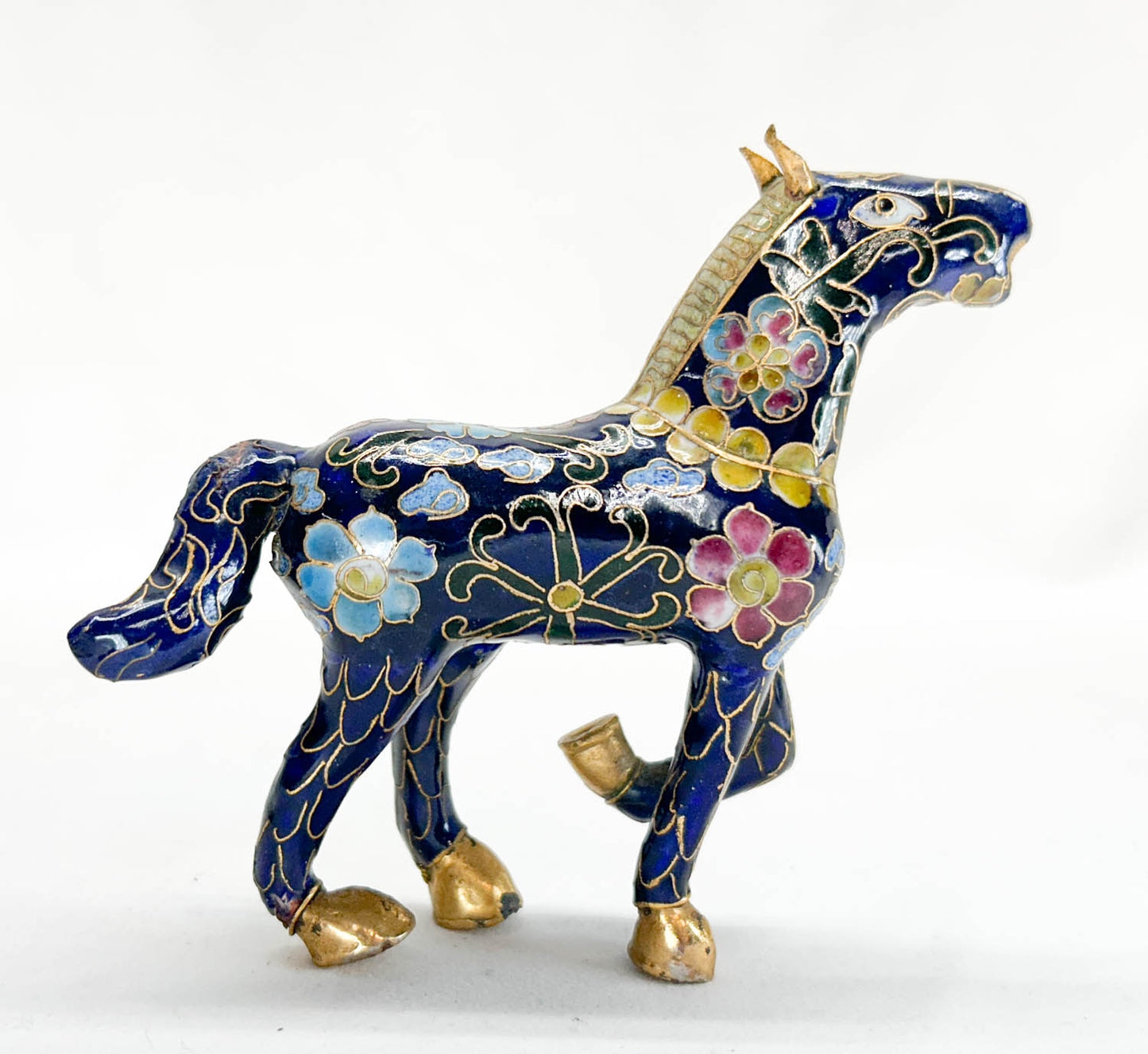 Chinese Cloisonne Horse, Prancing Cobalt Blue with Floral Design (Damaged)