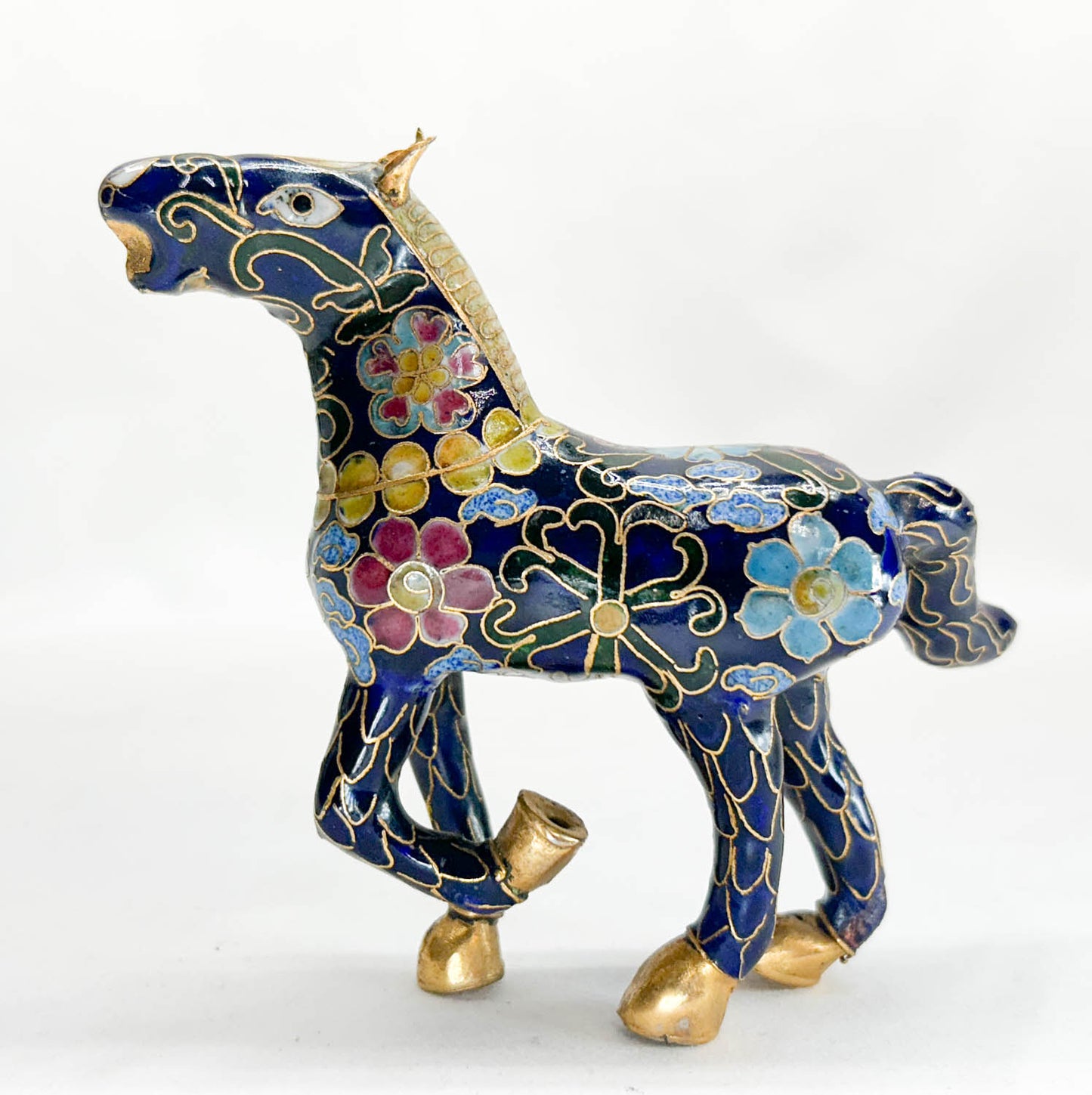 Chinese Cloisonne Horse, Prancing Cobalt Blue with Floral Design (Damaged)