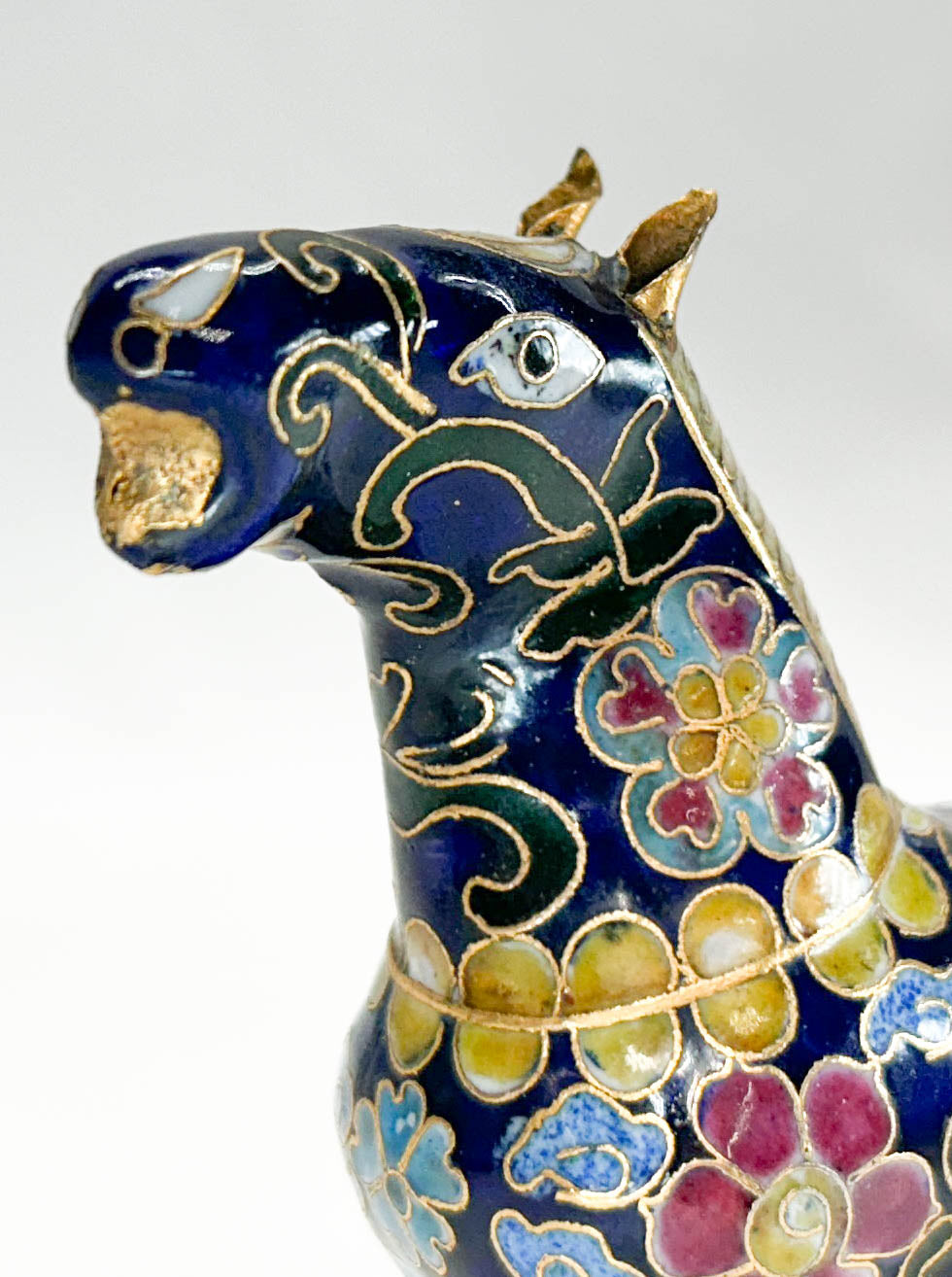 Chinese Cloisonne Horse, Prancing Cobalt Blue with Floral Design (Damaged)