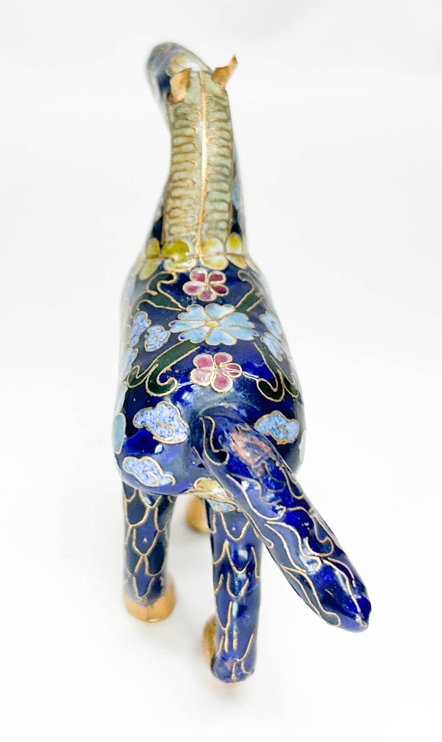 Chinese Cloisonne Horse, Prancing Cobalt Blue with Floral Design (Damaged)