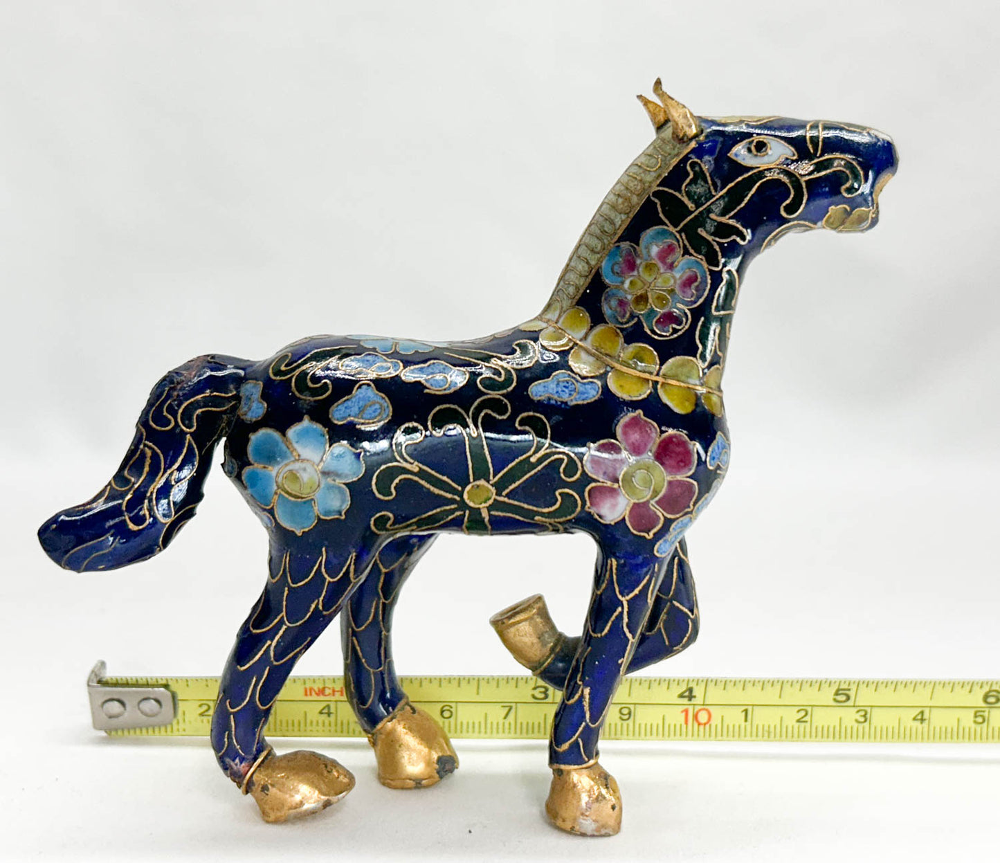 Chinese Cloisonne Horse, Prancing Cobalt Blue with Floral Design (Damaged)