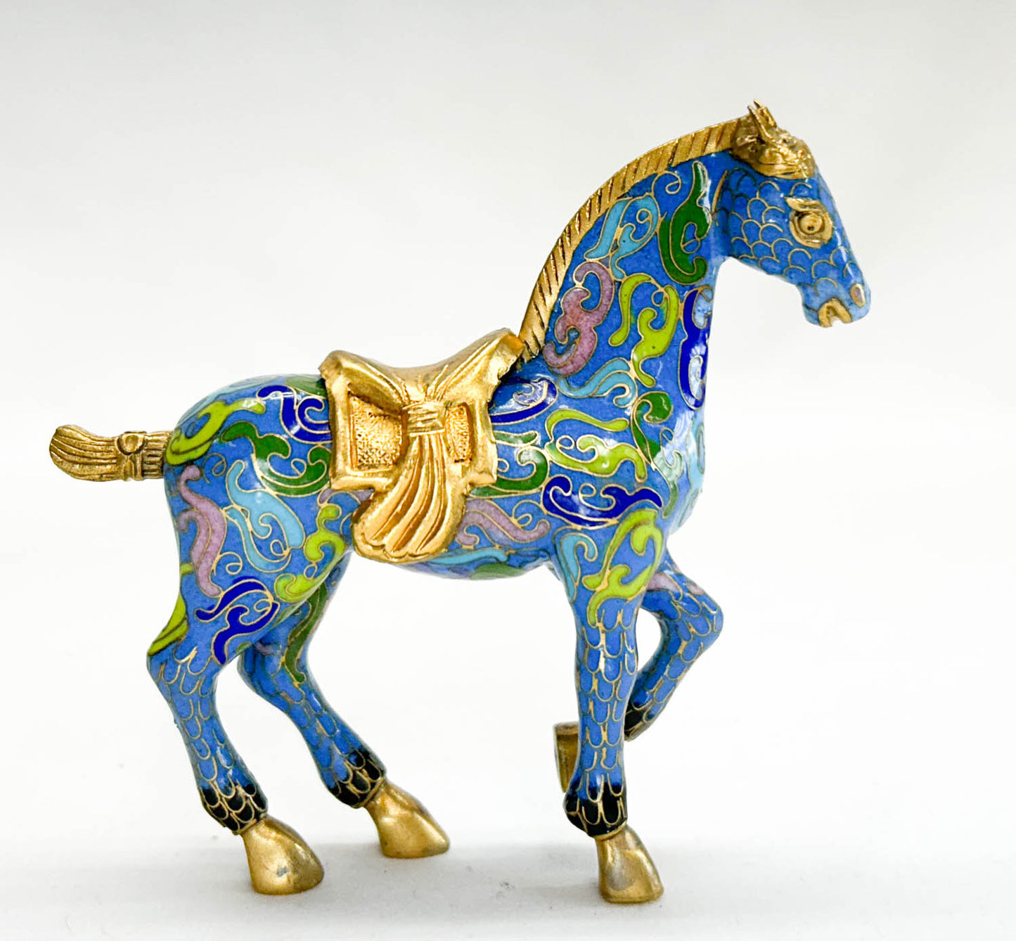 Chinese Cloisonne Horse, Walking Sky Blue with Gold Saddle