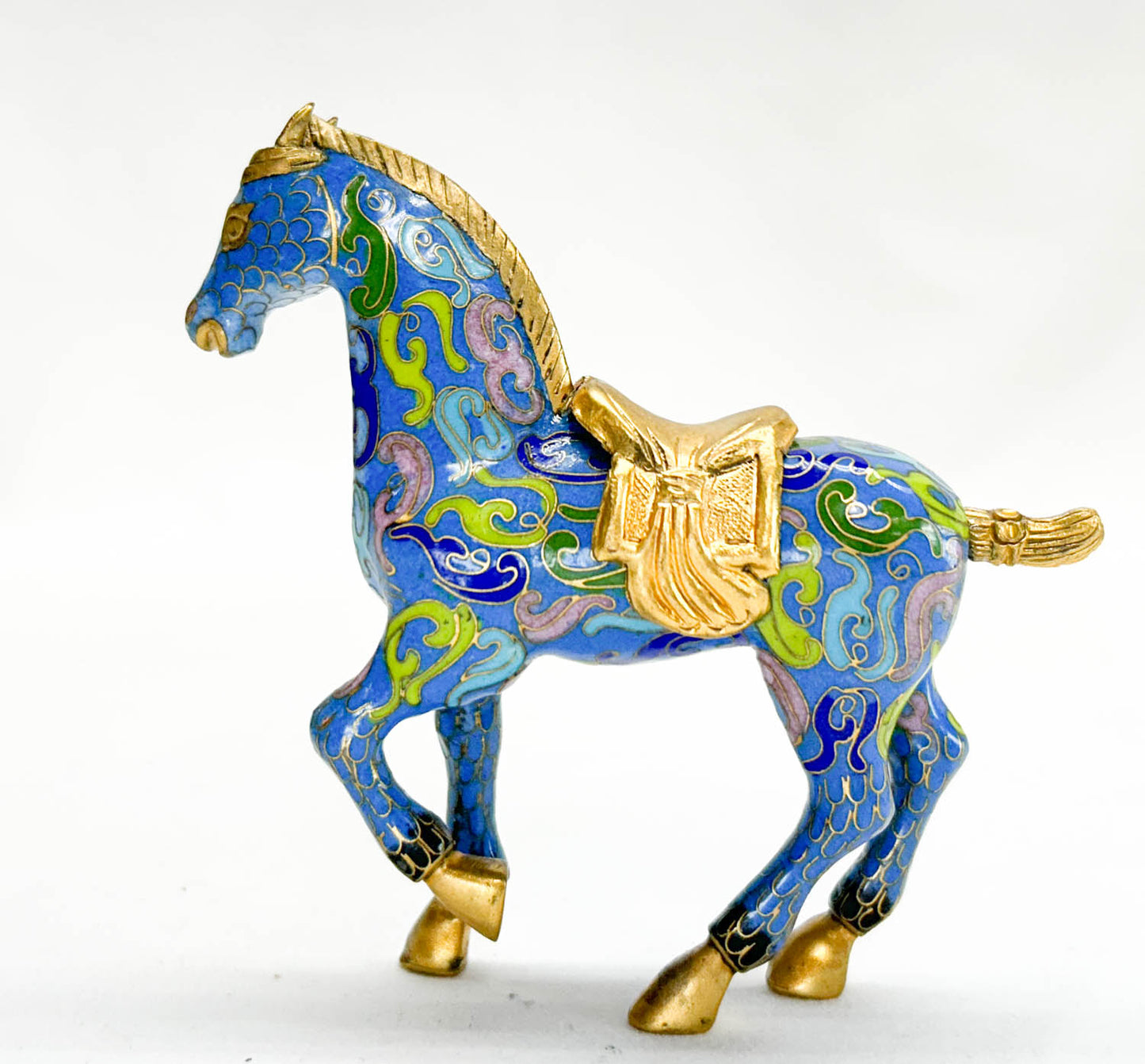 Chinese Cloisonne Horse, Walking Sky Blue with Gold Saddle