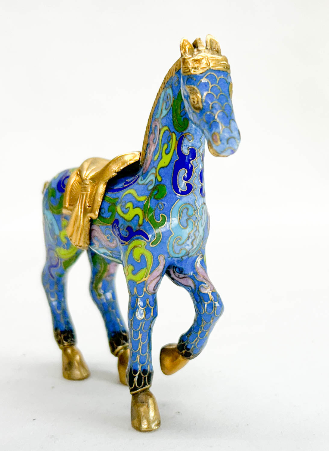 Chinese Cloisonne Horse, Walking Sky Blue with Gold Saddle