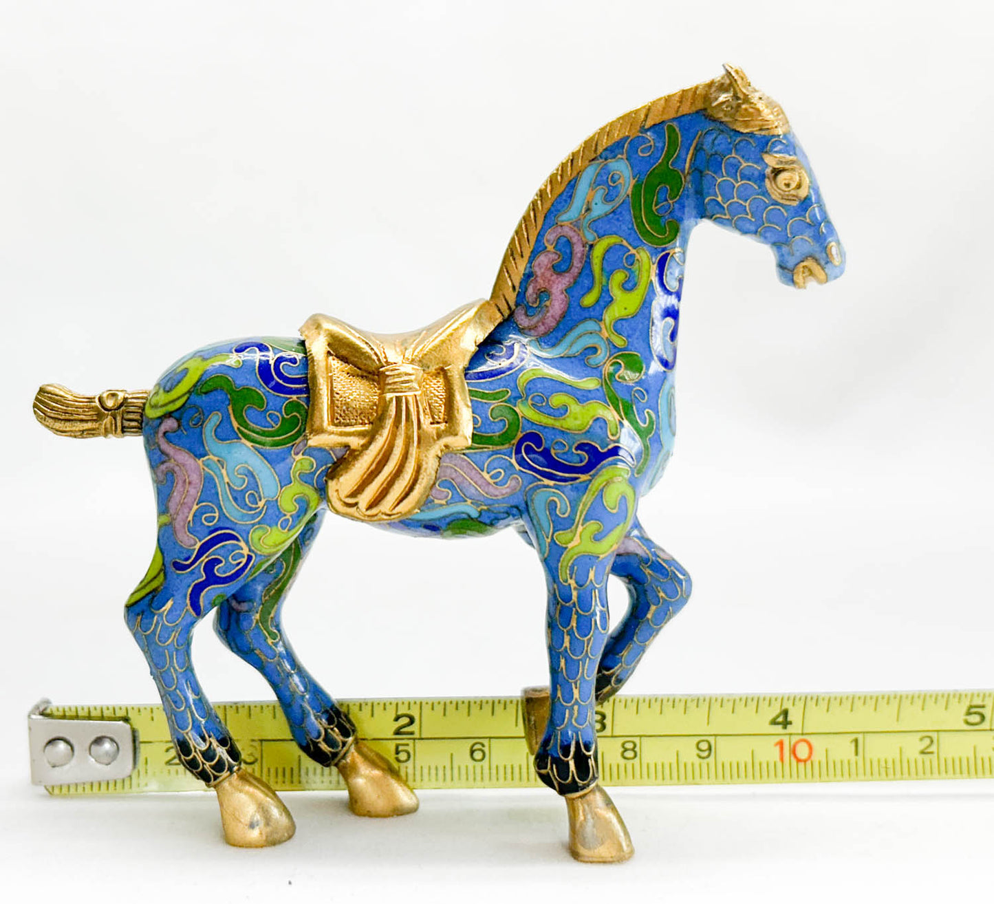 Chinese Cloisonne Horse, Walking Sky Blue with Gold Saddle