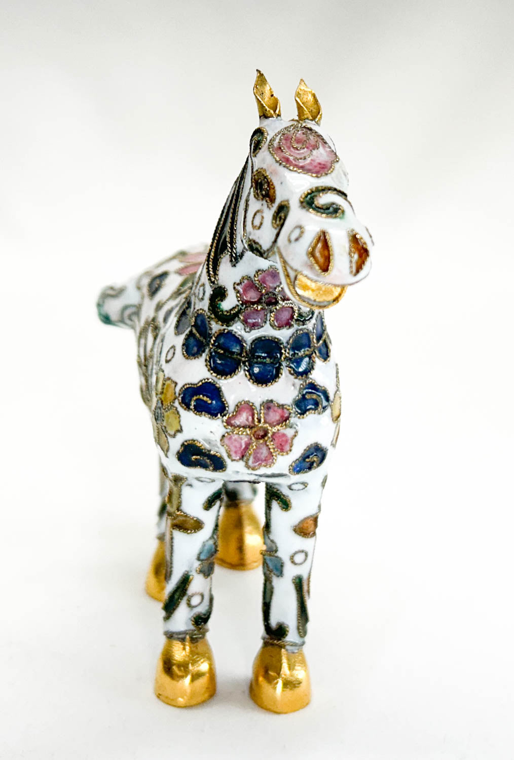Chinese Cloisonne Horse, Standing White with Floral Design