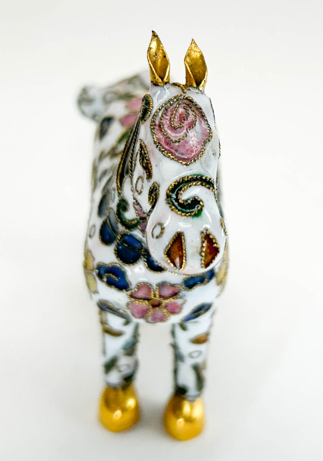 Chinese Cloisonne Horse, Standing White with Floral Design