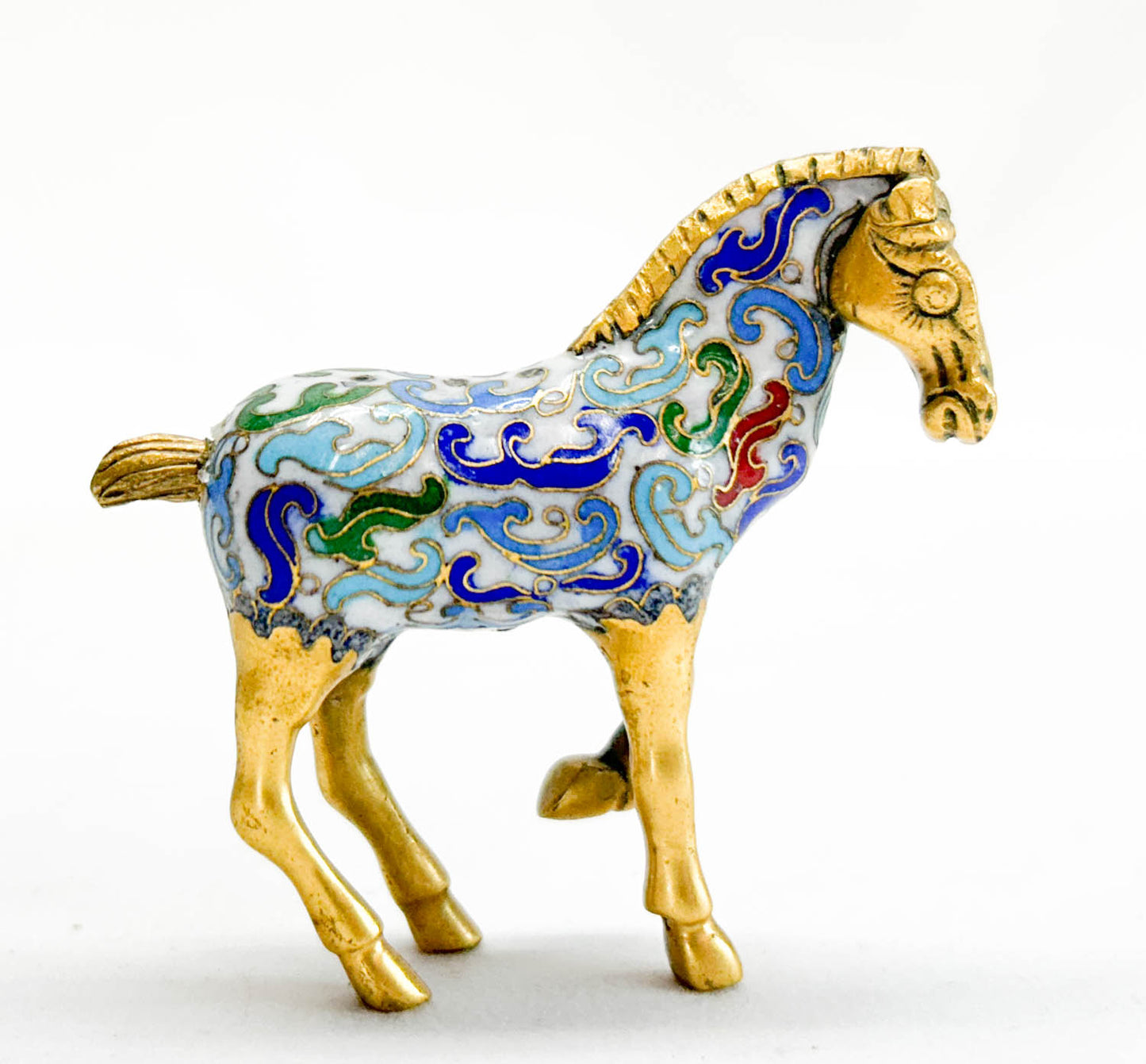 Chinese Cloisonne Horse, Walking Brass & White with Scrollwork Pattern