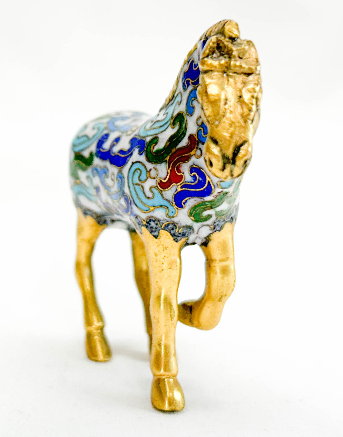 Chinese Cloisonne Horse, Walking Brass & White with Scrollwork Pattern