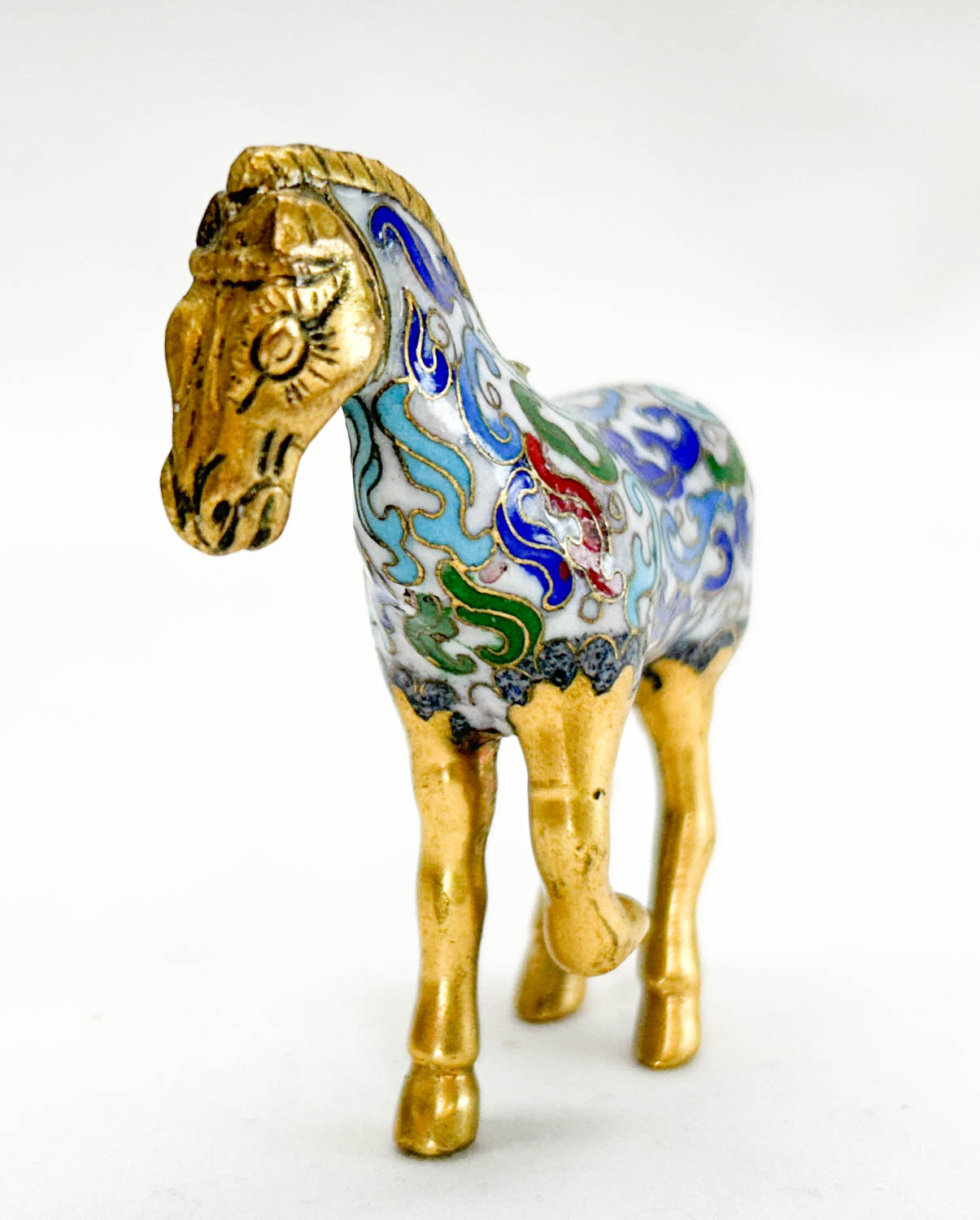 Chinese Cloisonne Horse, Walking Brass & White with Scrollwork Pattern