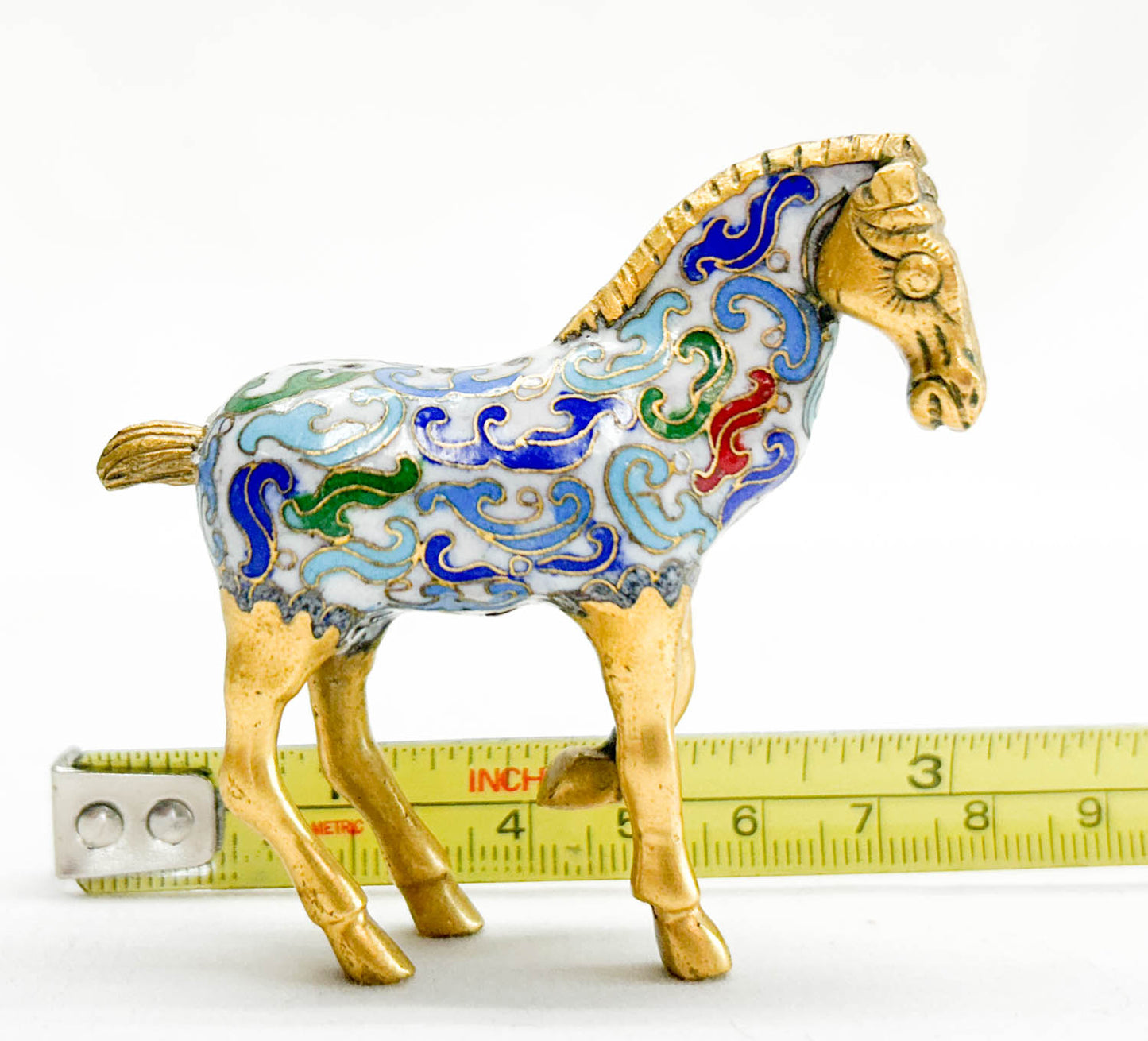 Chinese Cloisonne Horse, Walking Brass & White with Scrollwork Pattern