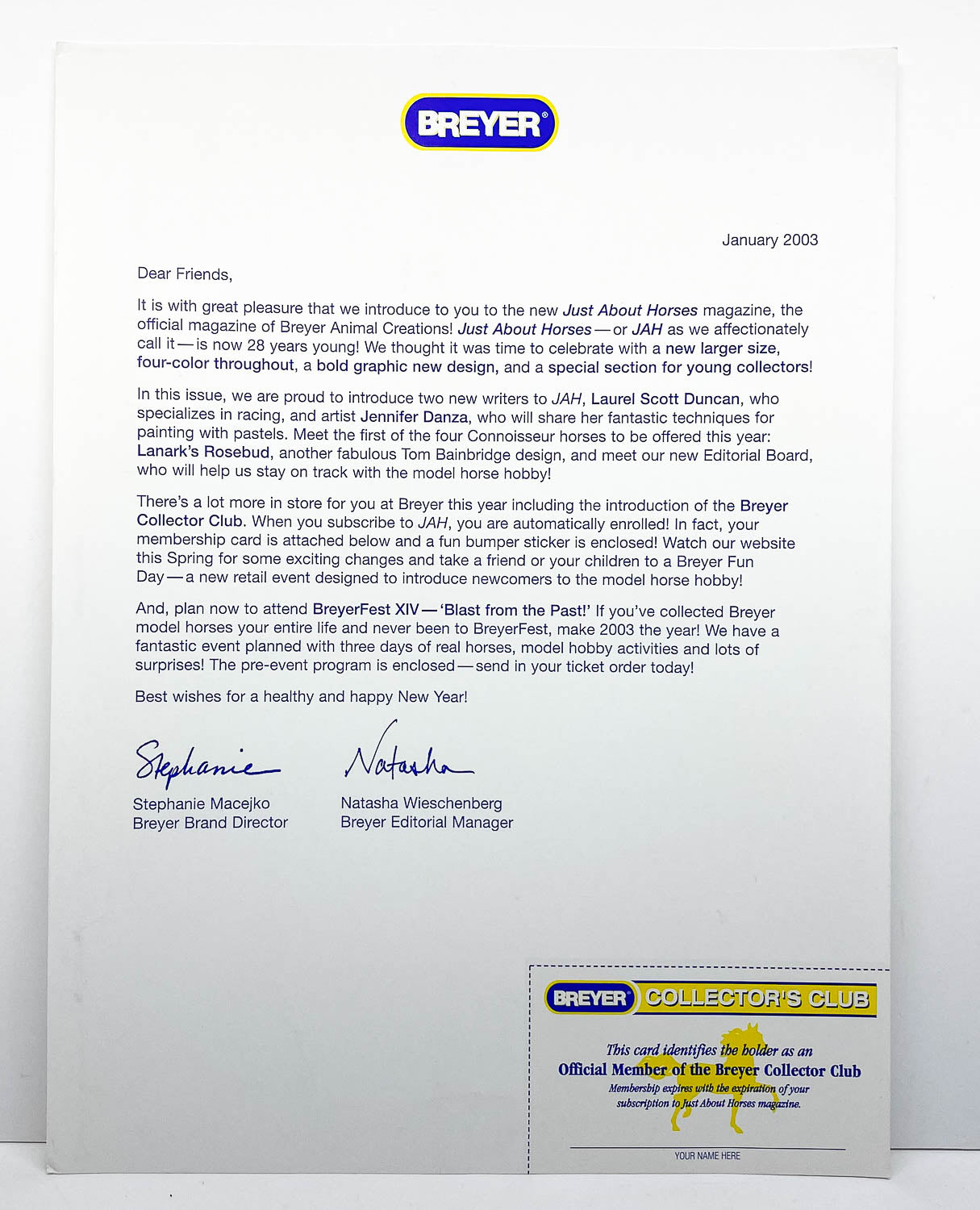 2003 Collector Club Welcome Letter & Membership Card