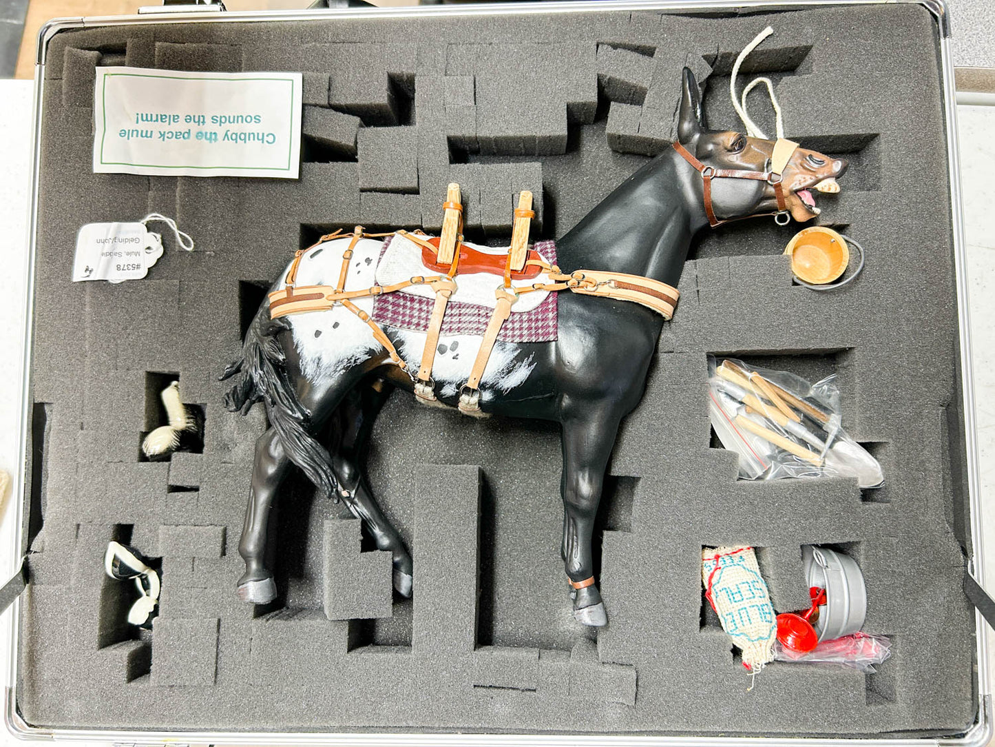 CHRISTMAS AUCTION: Traditional Carrot Top Artist Resin Mule with tack, Show Diorama Props, and Case!