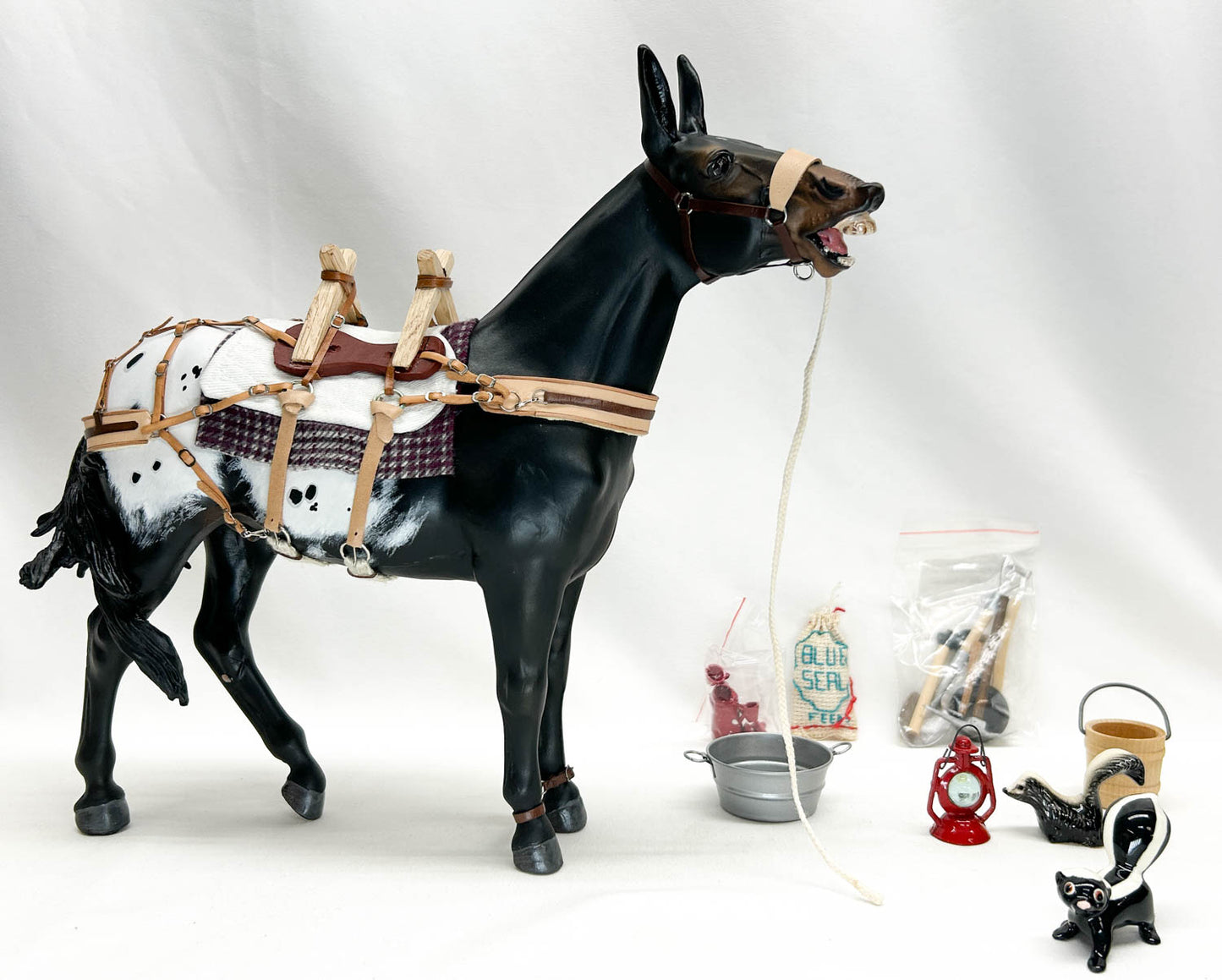 CHRISTMAS AUCTION: Traditional Carrot Top Artist Resin Mule with tack, Show Diorama Props, and Case!
