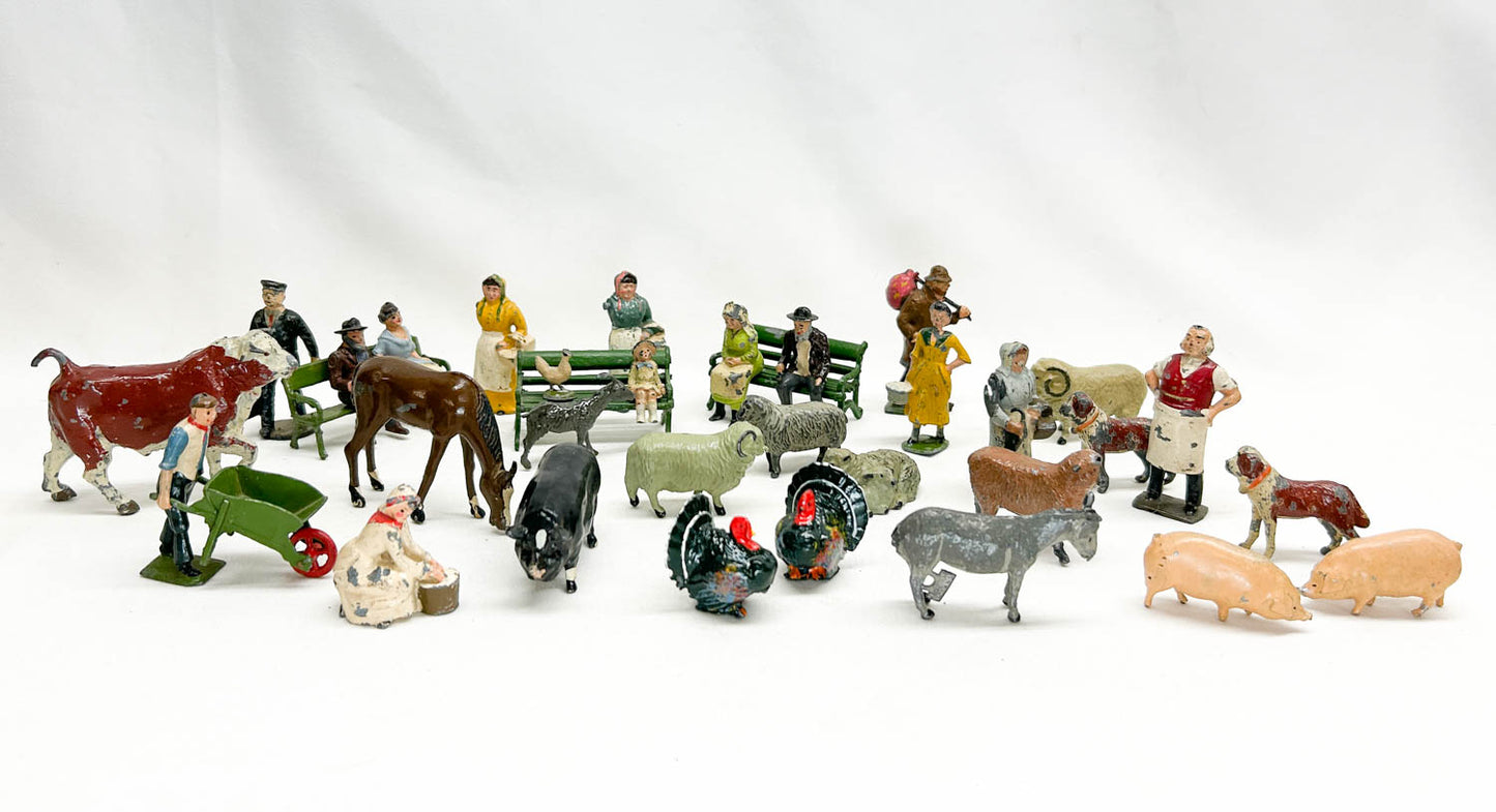 Large Group of Cast Metal Animals and People - incl Britains Ltd