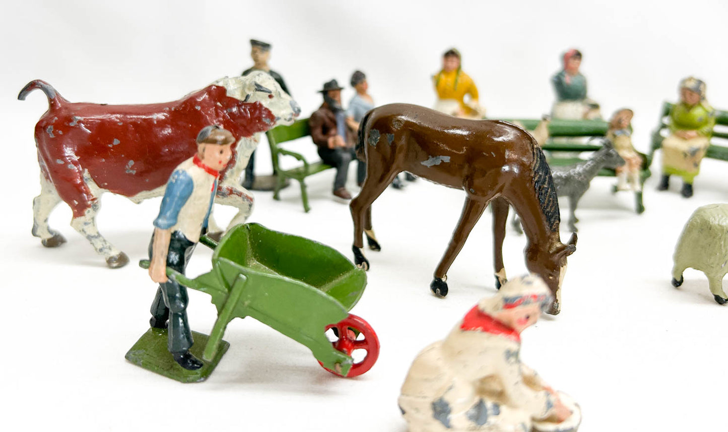 Large Group of Cast Metal Animals and People - incl Britains Ltd