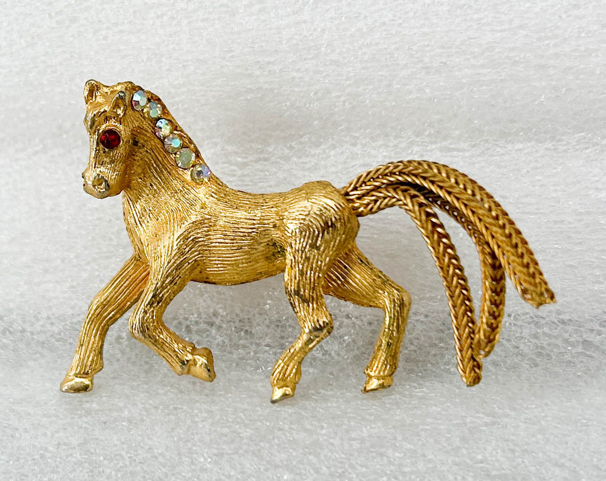 1970s Pin:  Goldtone horse with Jeweled Mane from Eleda's herd