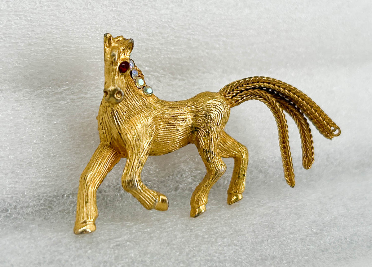 1970s Pin:  Goldtone horse with Jeweled Mane from Eleda's herd