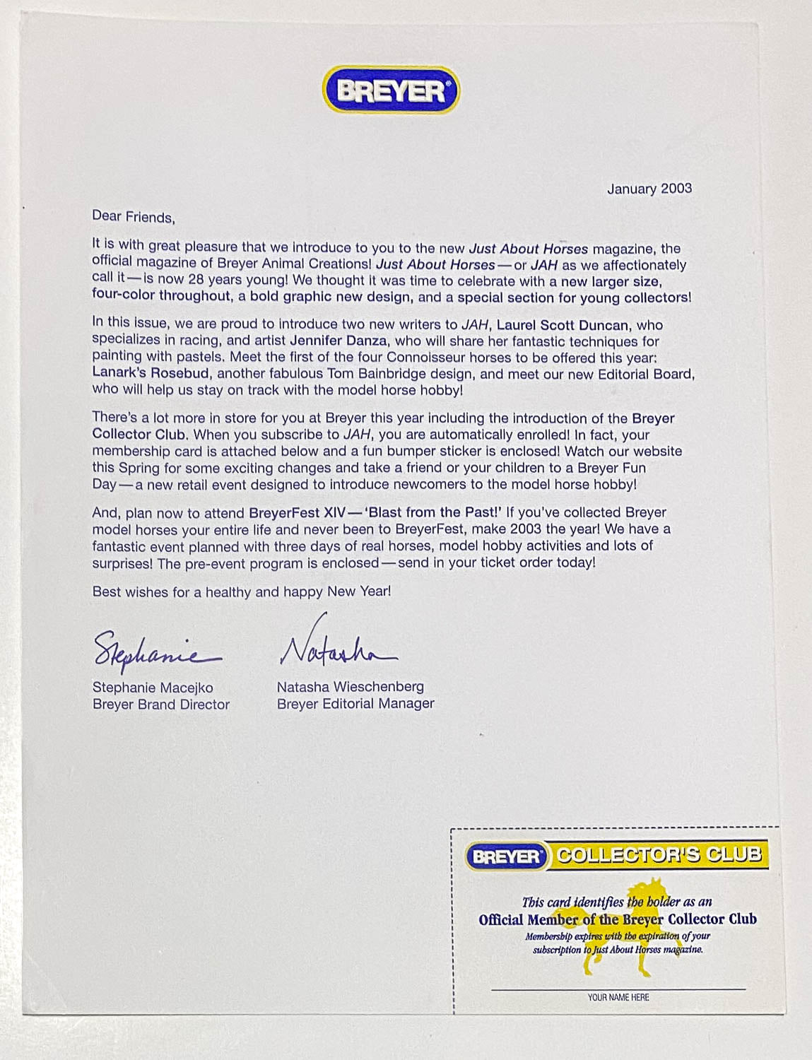 Collectors Club Card and Welcome Letter, 2003 (sale for charity)