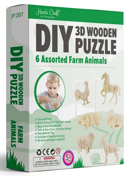 3D Wood Puzzle ~ 6-pk of Assorted Farm Animals