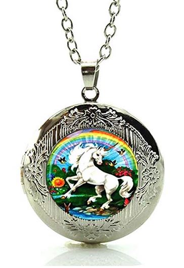 Dancing Unicorn Glass Cabochon Locket Necklace - triple-mountain